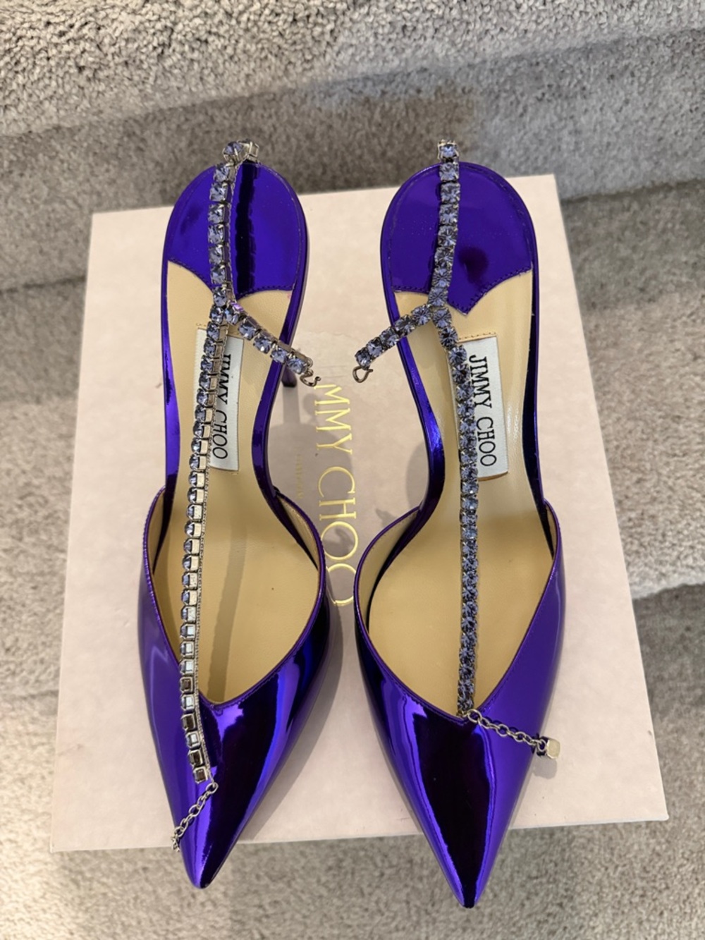 Jimmy Choo Metallic Purple Crystal T-Strap Pointed Slingback Heels - Picture 15 of 17